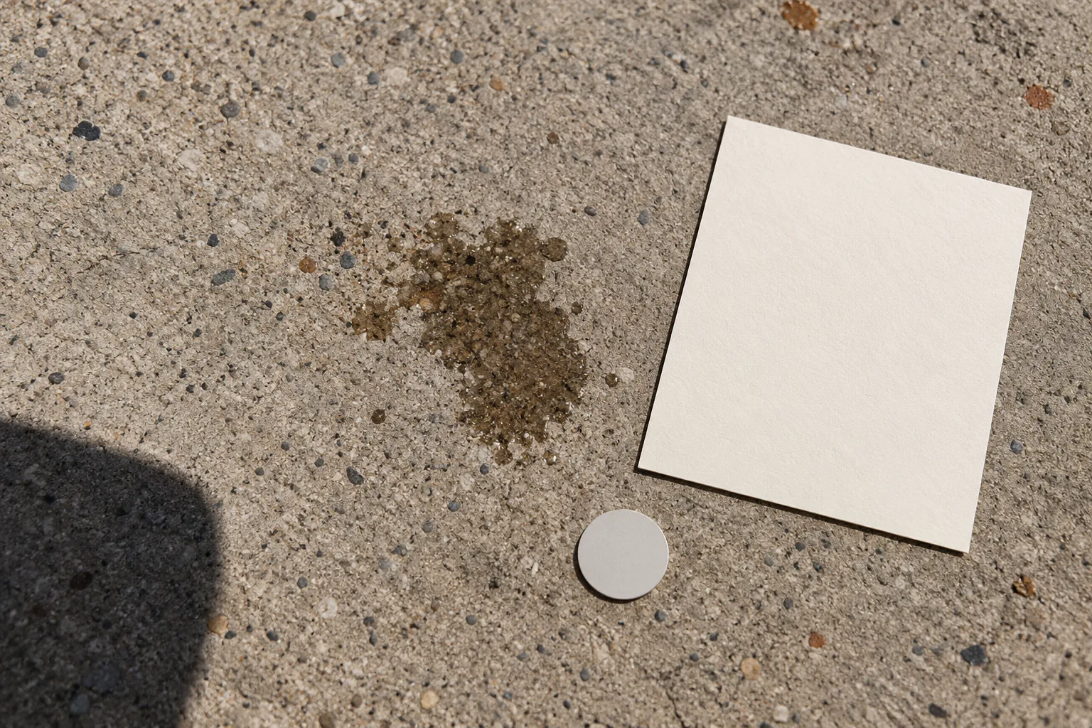 Plain absorbent card and coin-sized blank reference beside wet spot, phone shadow at edge