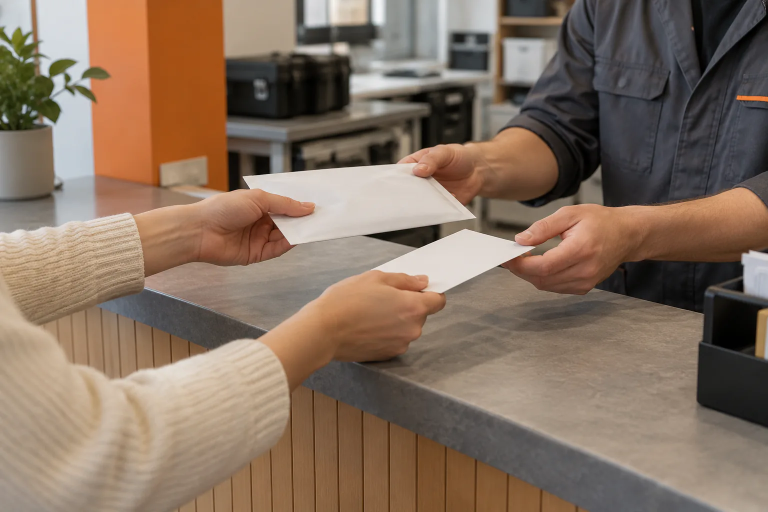 Hands handing a plain photo envelope and note card to technician across clean counter