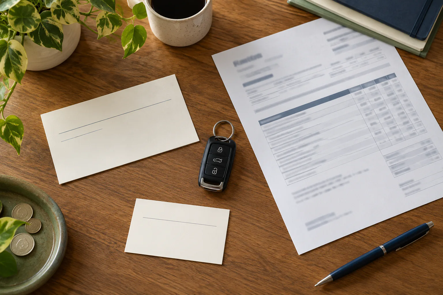 Plain appointment card, blank repair estimate, key, and a second small follow-up card spaced apart on desk