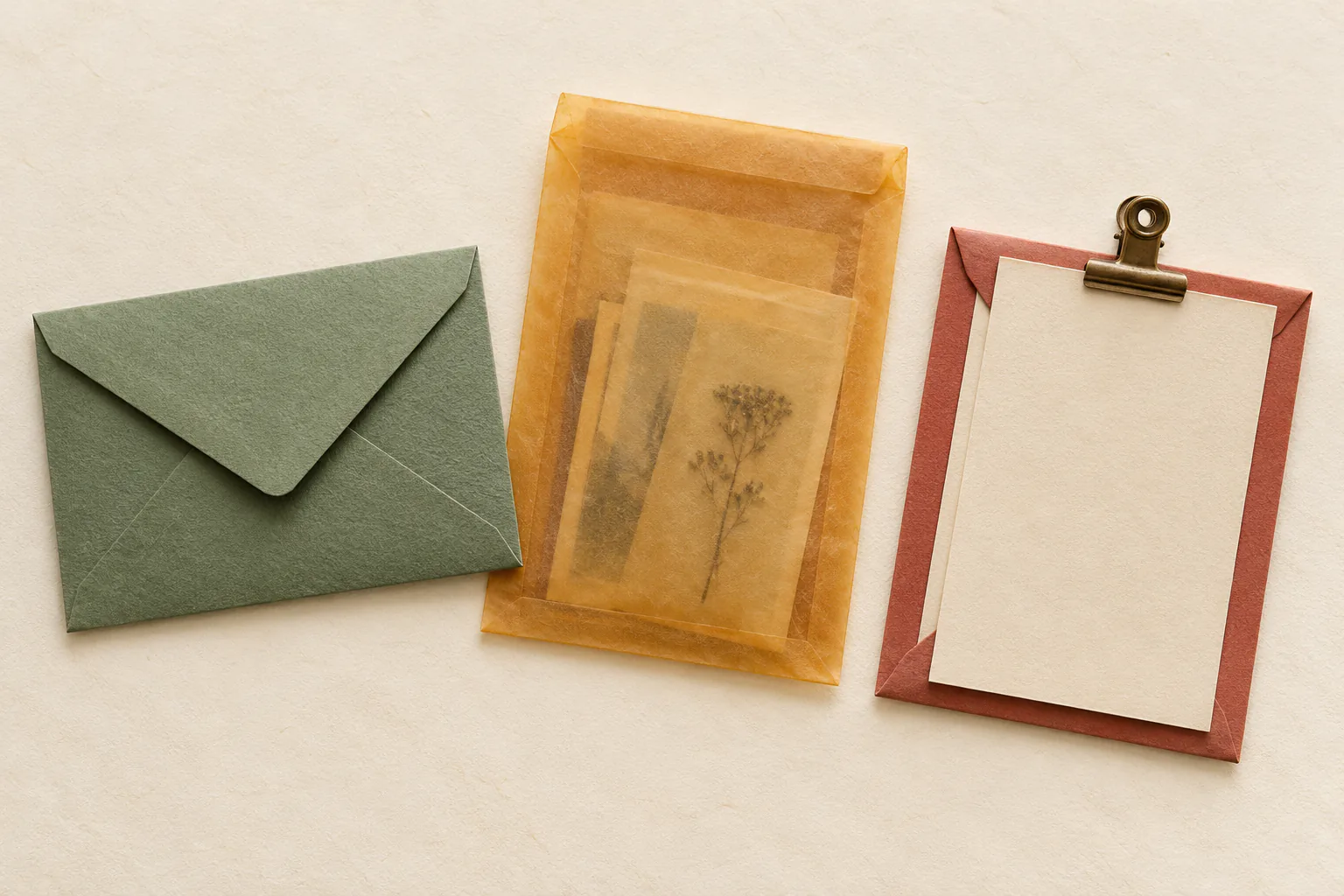 Three distinct blank envelopes—closed, translucent, and clipped to a service card—on a bench