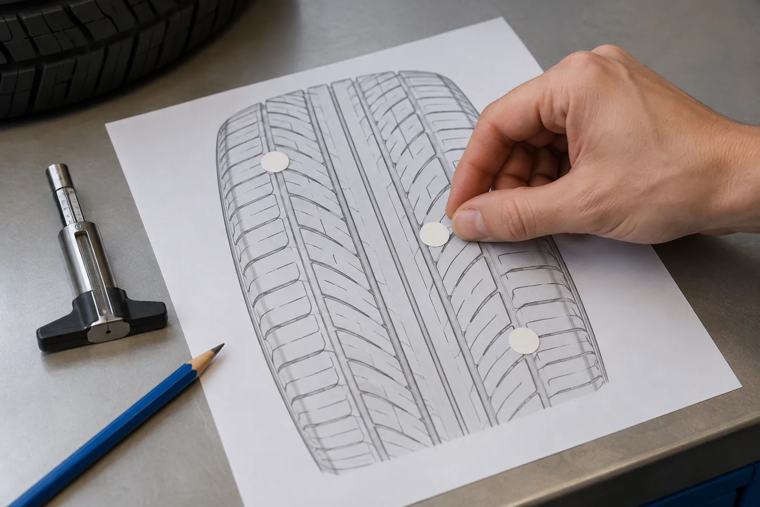 Hand marking three blank dots on a plain tire-outline tracing beside a gauge