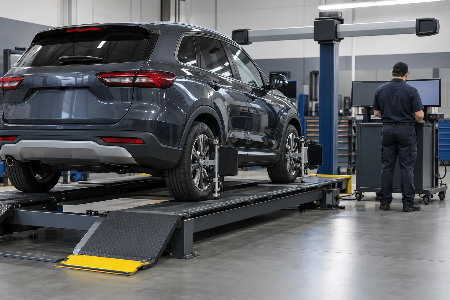 Vehicle stationary on an alignment rack, technician seen from behind examining equipment
