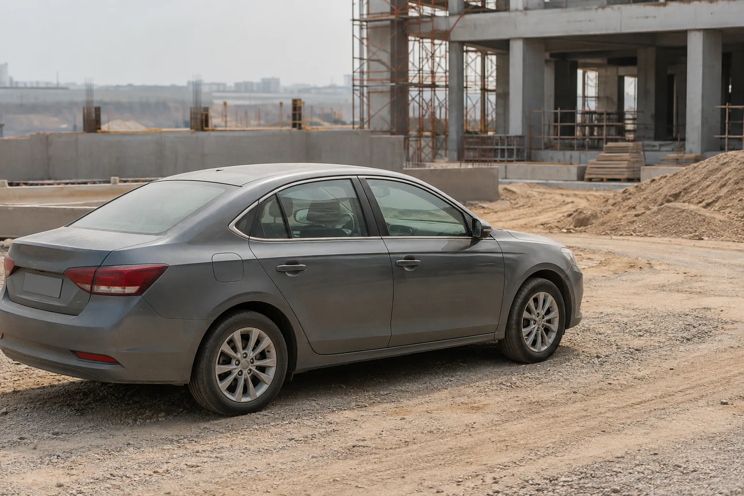 Parked car near a dry construction approach with windows closed and cabin clean
