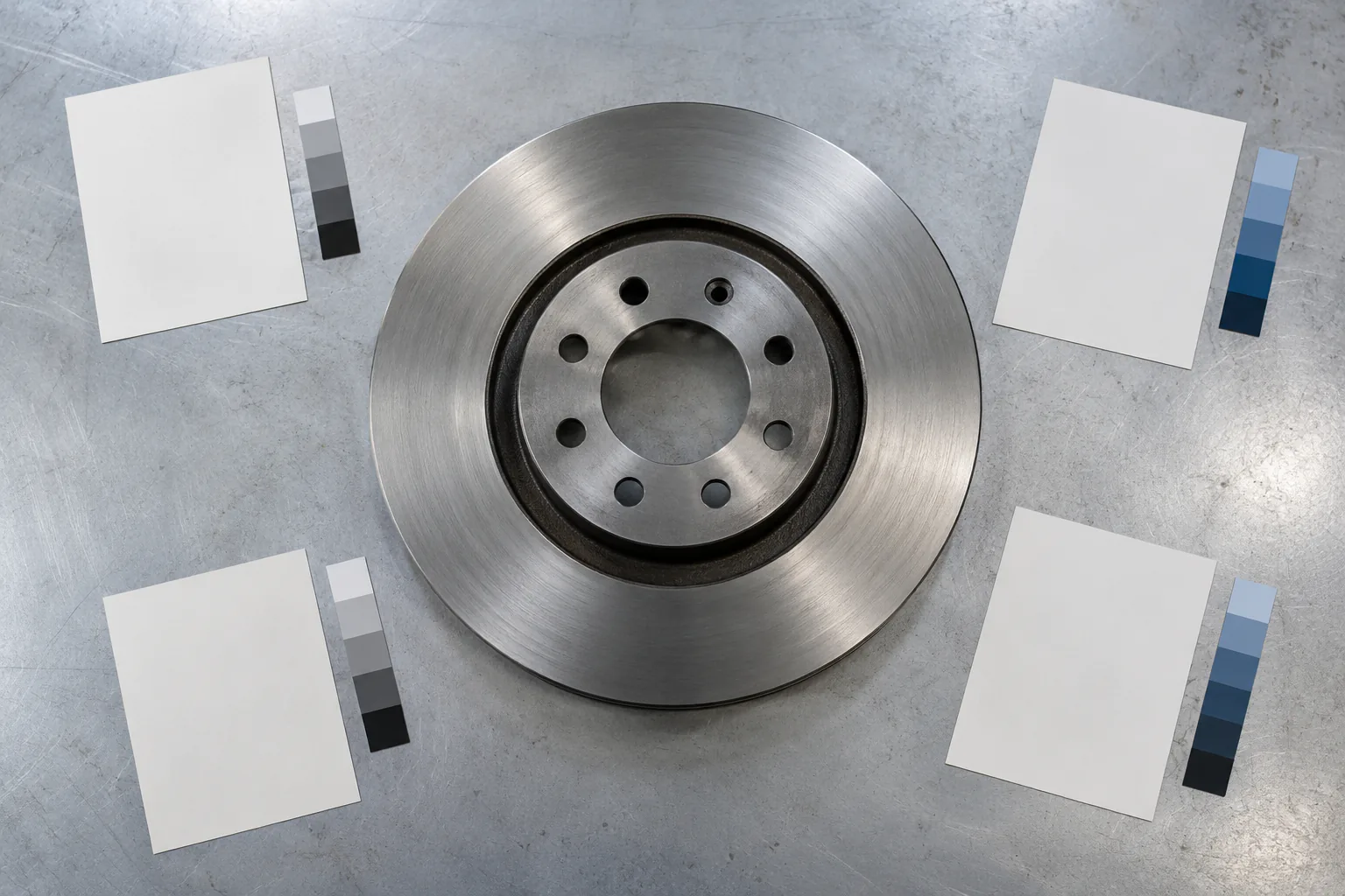 Four blank sample cards arranged around a central plain rotor-shaped metal disc, each with a small measurement strip