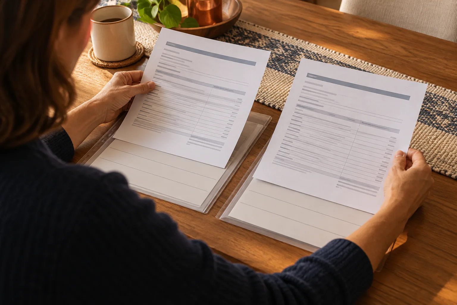 Hands aligning two plain estimates over matching transparent sleeves containing identical blank scope cards